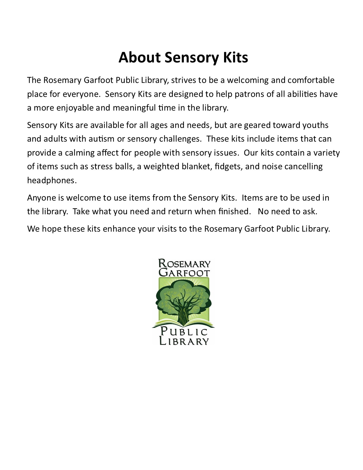 Information about Sensory Kits.  Black and white print on white background.  Library logo at bottom of the page.  Logo is a green tree with a book at the base.