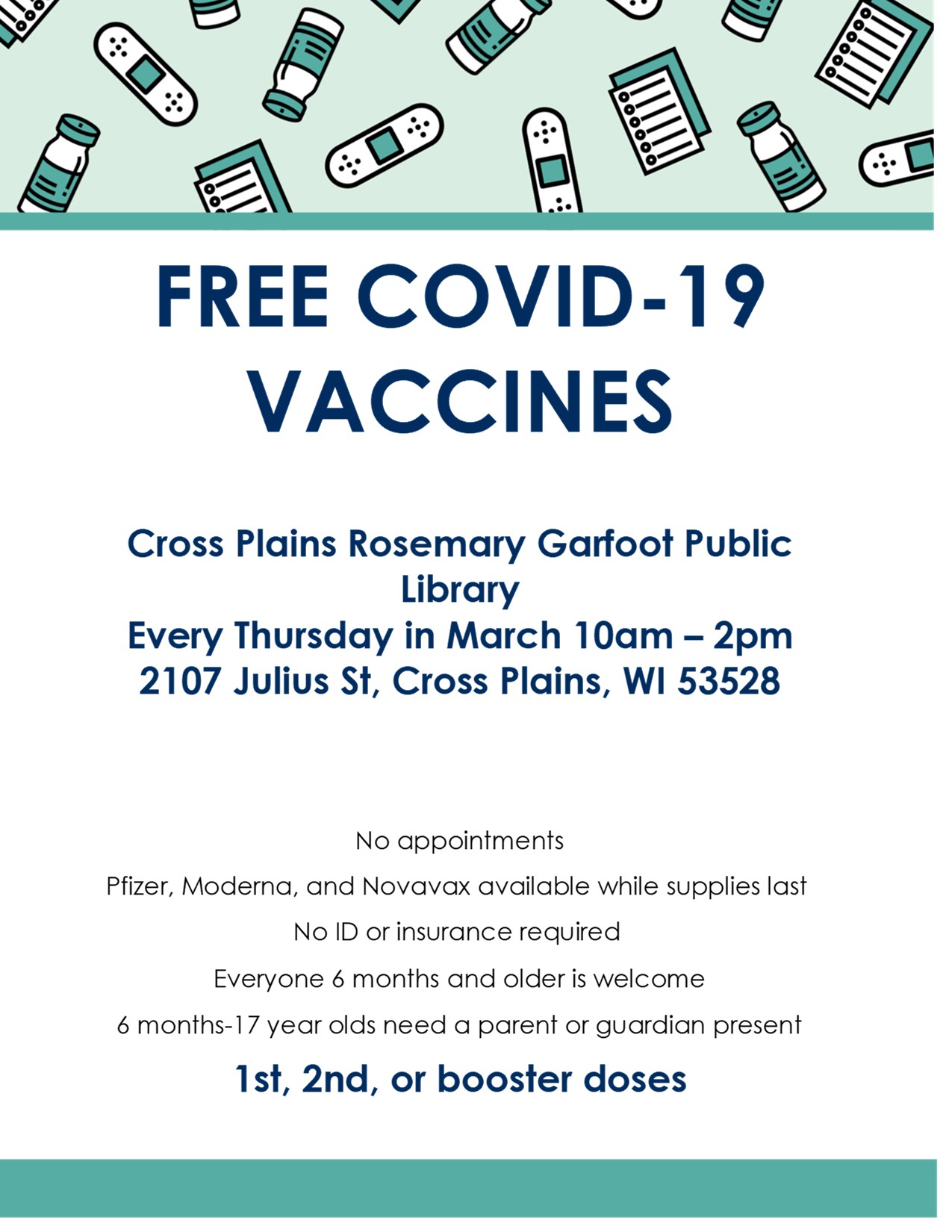 Flier announcing free COVID vaccines at the library.  White background with blue and mint greet words with illustrated images of test kits at the top of the flier.