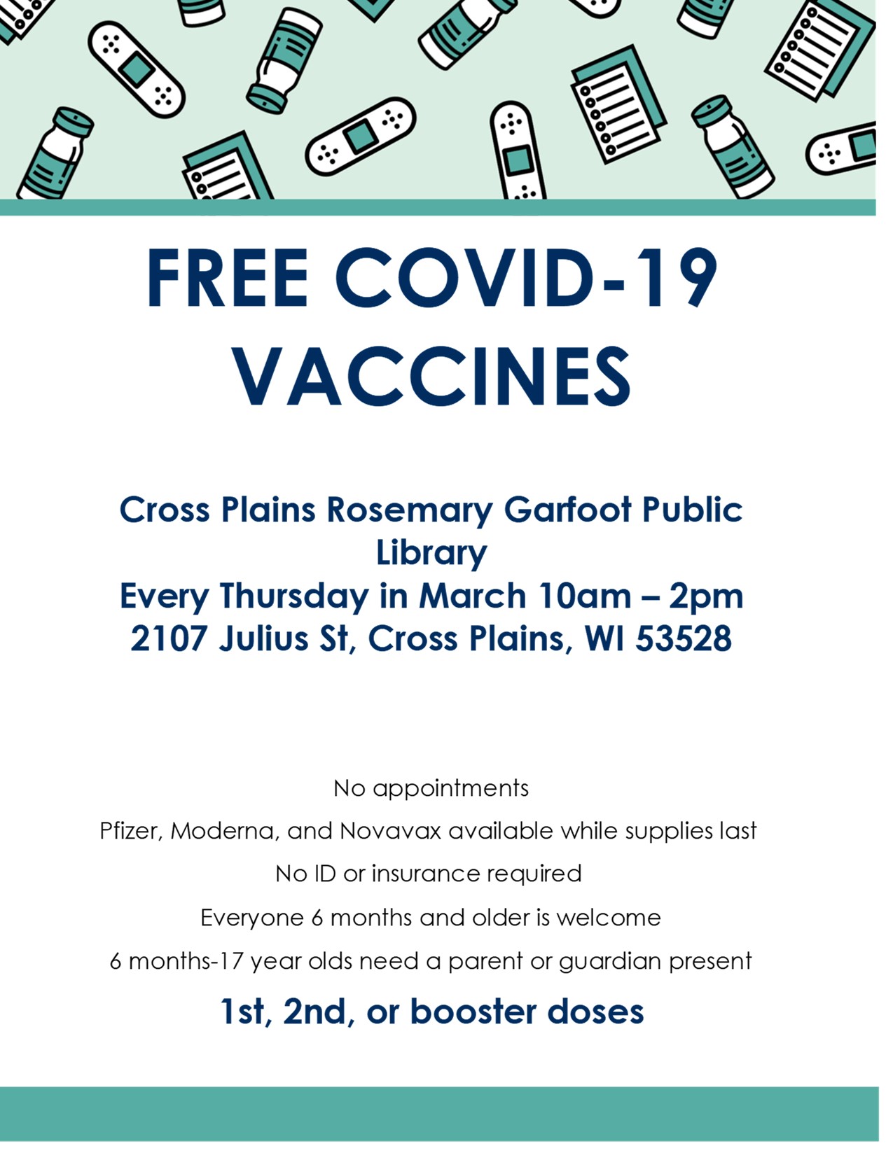 Free COVID-19 Vaccines Flier announcing free COVID vaccines at the library. White background with blue and mint greet words with illustrated images of test kits at the top of the flier.