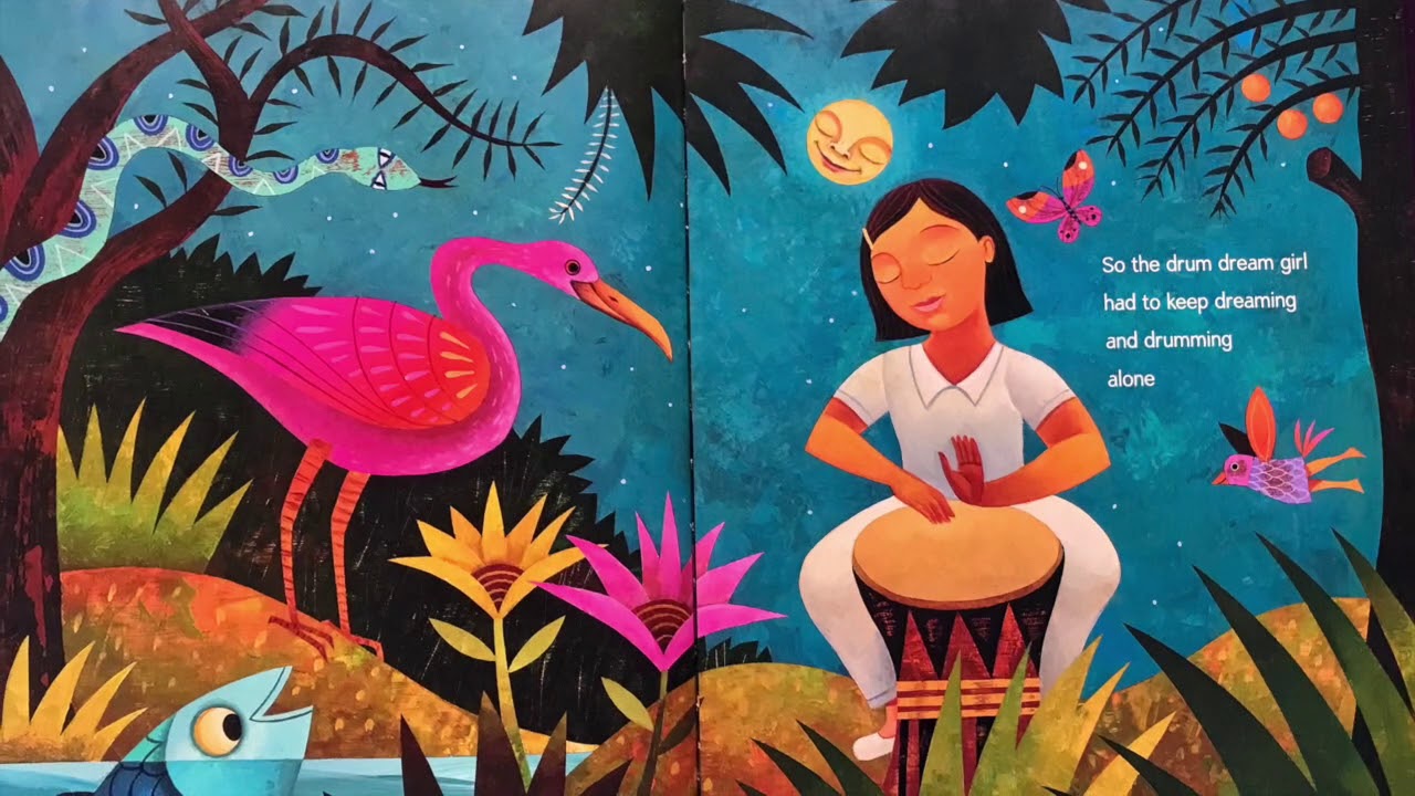 Drum Dream Girl Banner image double page spread from book, Drum Dream Girl, girl playing drums and a flamingo