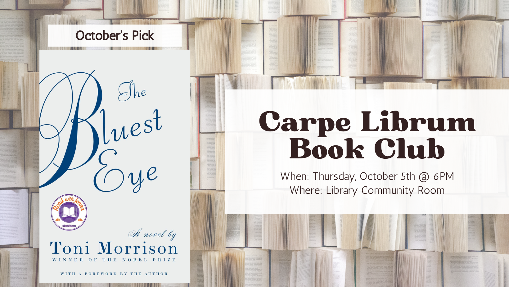 Carpe librum banner showing The Bluest Eye book cover