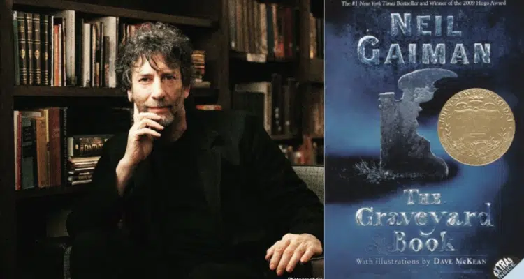 Graveyard Book banner Author Neil Gaiman and book cover for the Graveyard Book