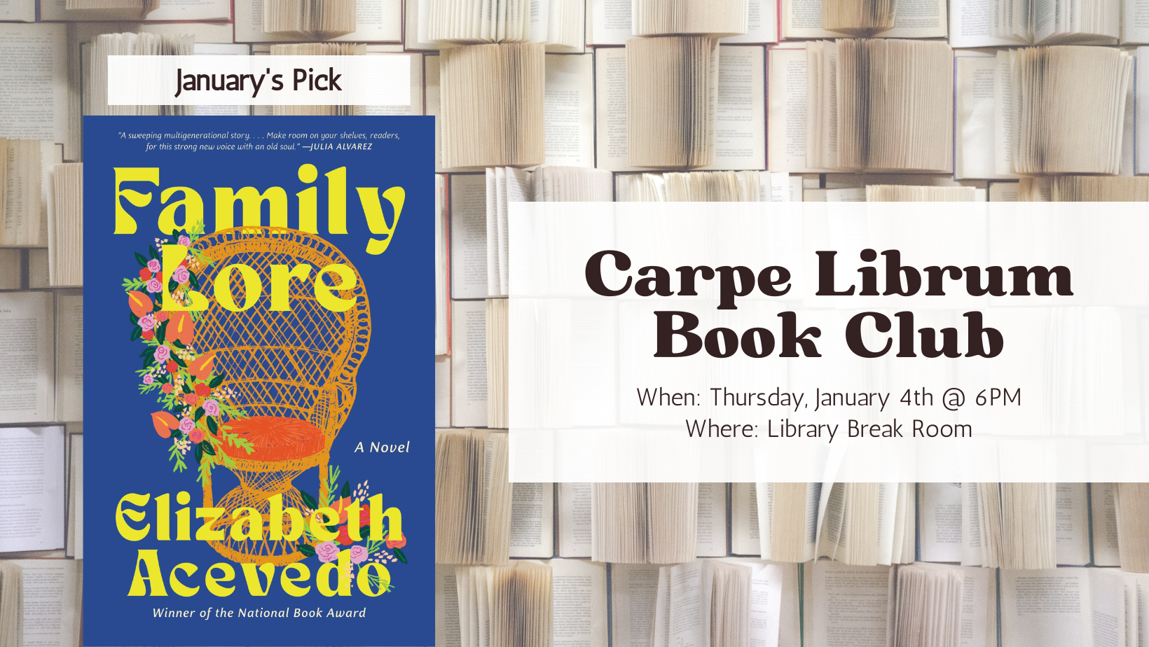 Capre Librum banner featuring January's pick, Family Lore