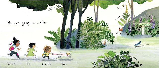 The Hike, inside pages Pages of inside spread, children running on path with small dog