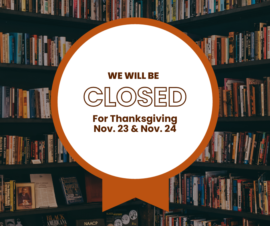 Closed for thanksgiving banner featuring bookshelf background