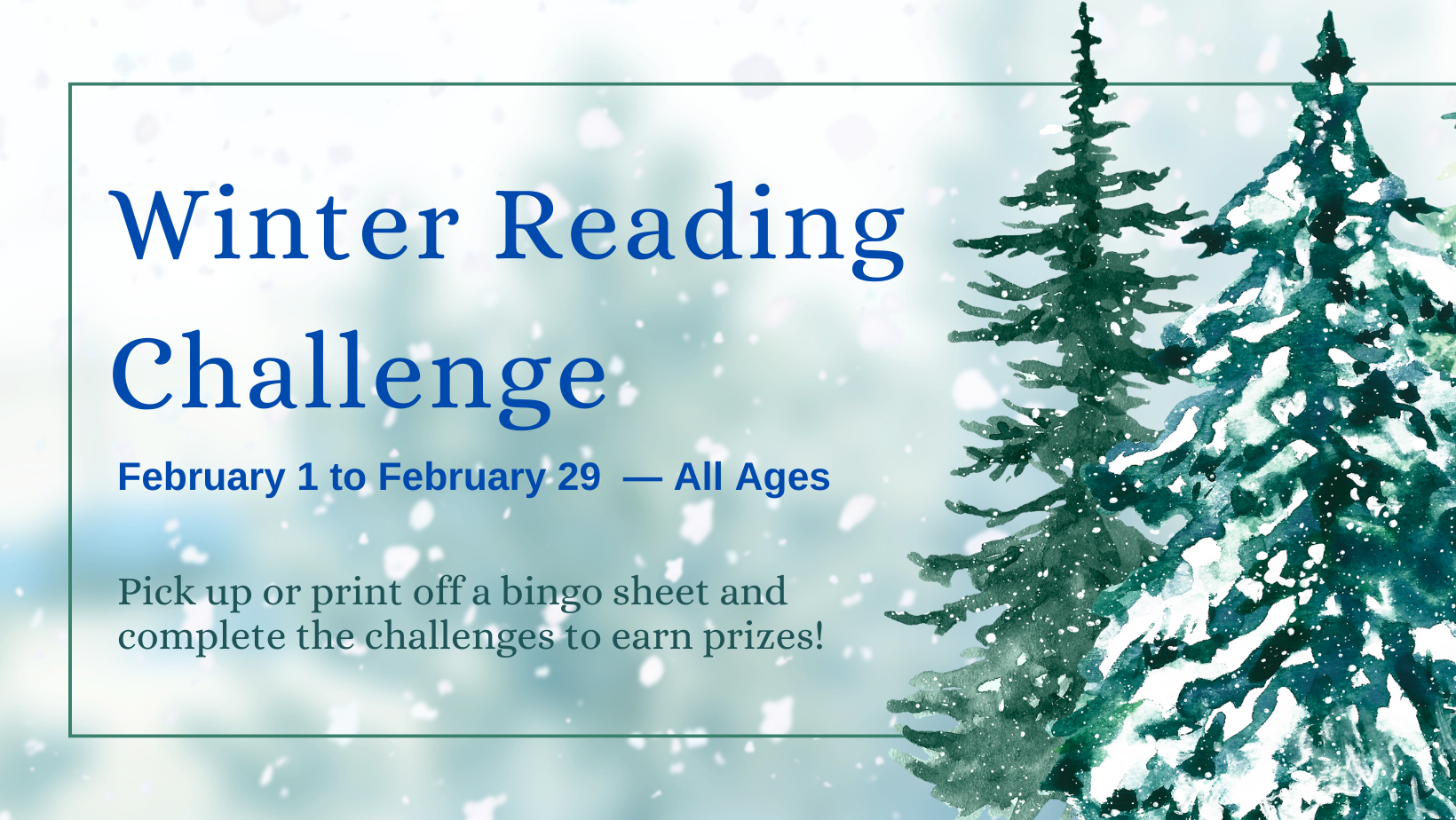 Library winter reading challenge banner on a snowy background with trees