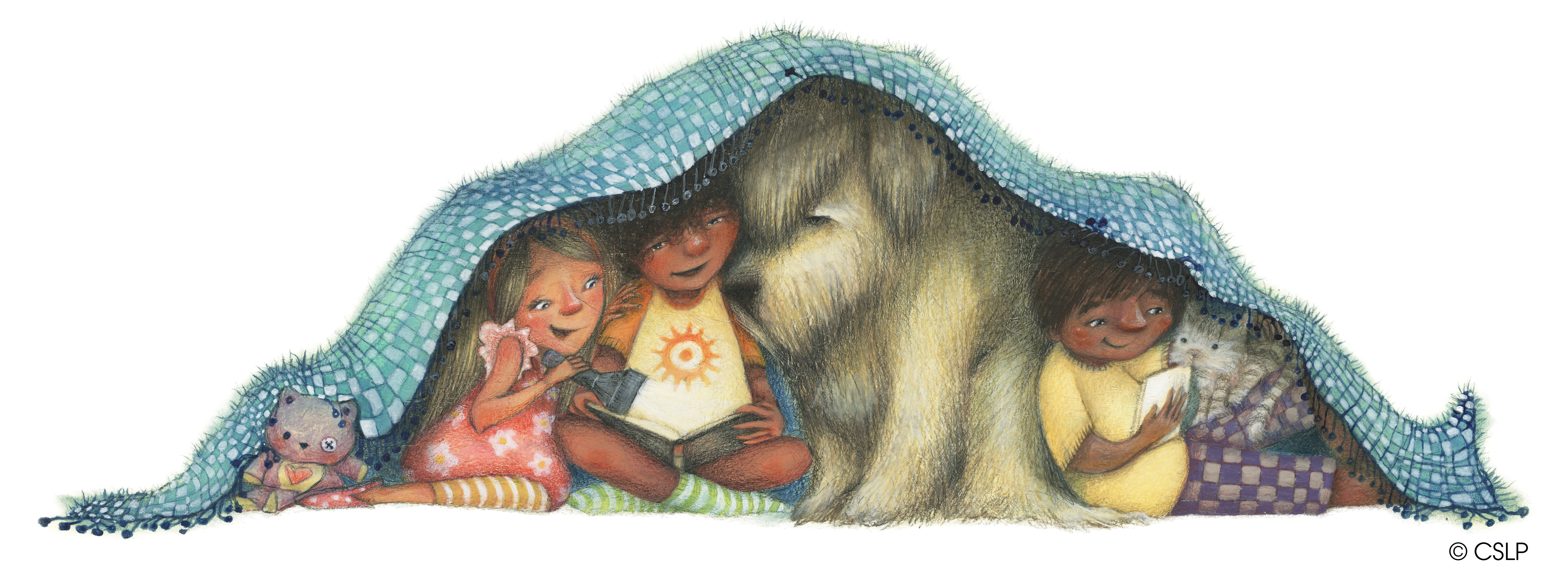 Adventure Begins at your Library Kids reading in blanket fort