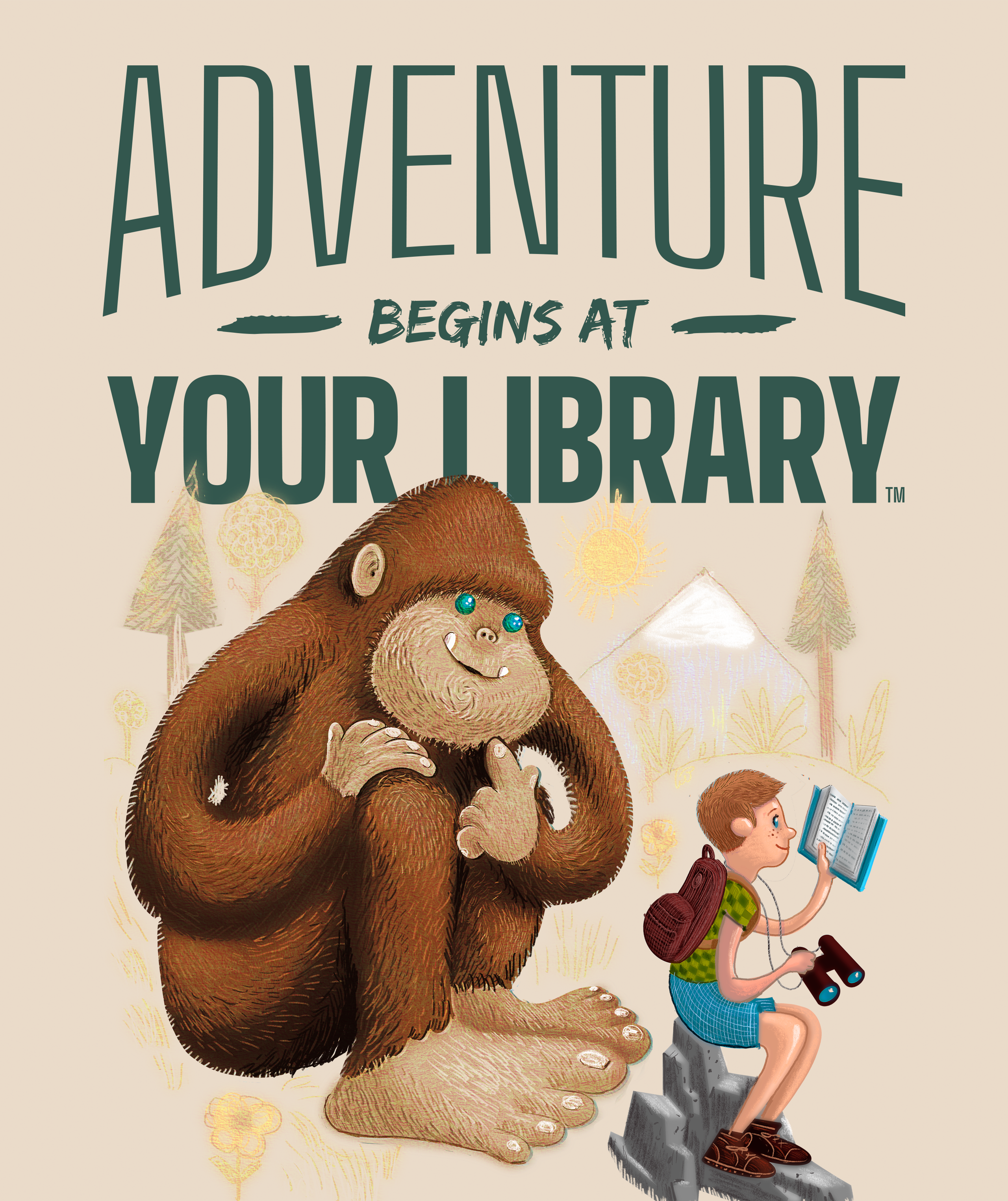 Adventure Begins at your Library Reading boy with gorilla watching from behind him.