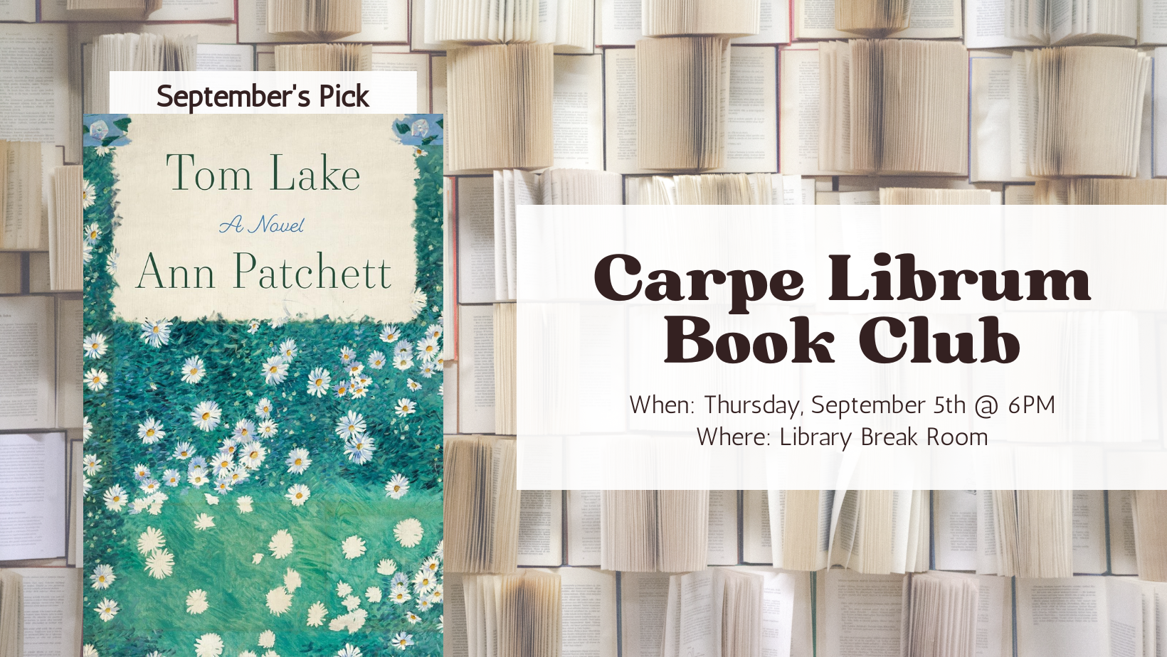 carpe librum september meeting banner with tom lake cover
