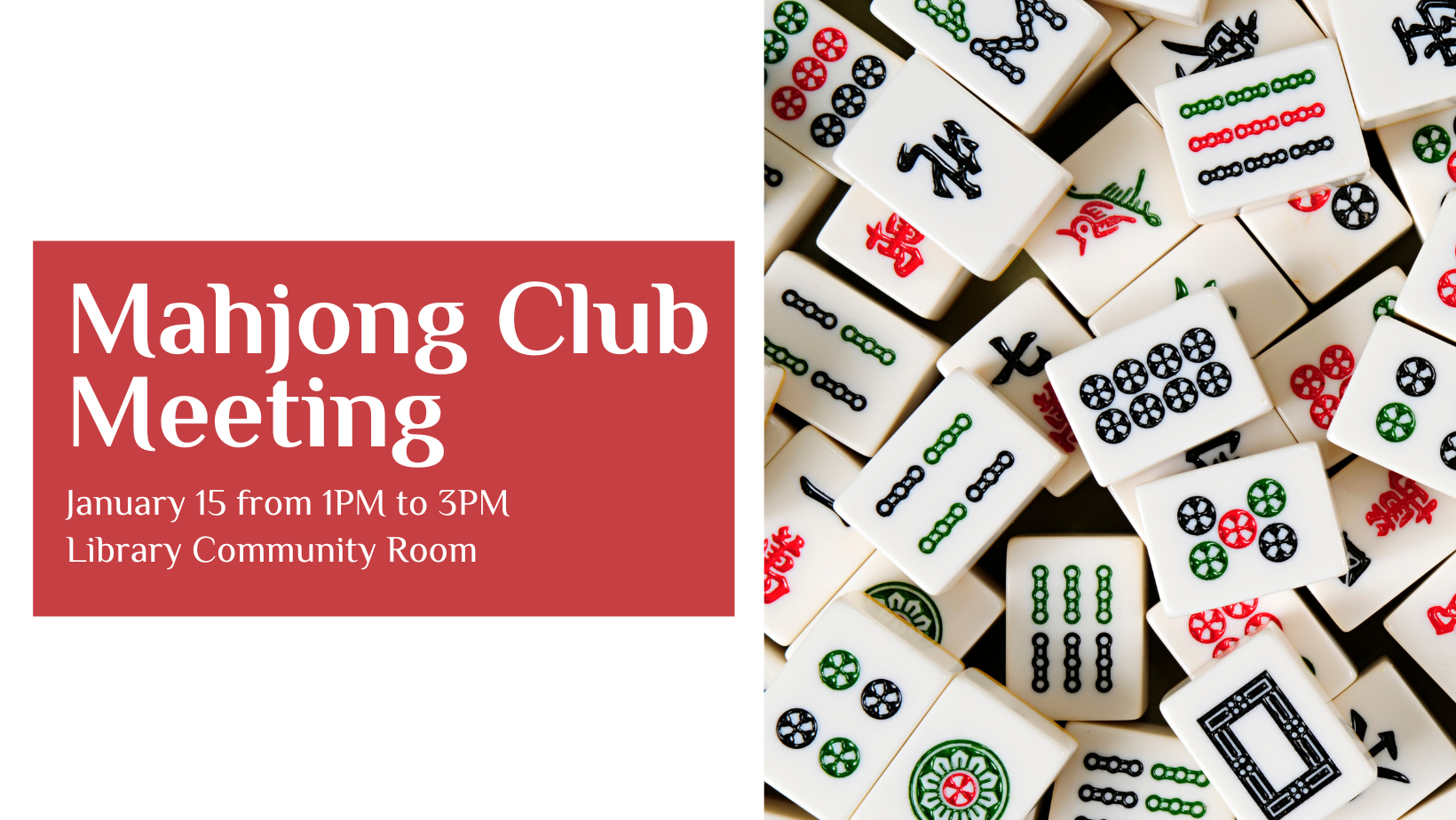 Mahjong Club meeting with photo of mahjong pieces