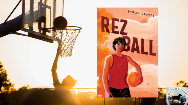 book cover overlaying photo of boy shooting hoops at sunset