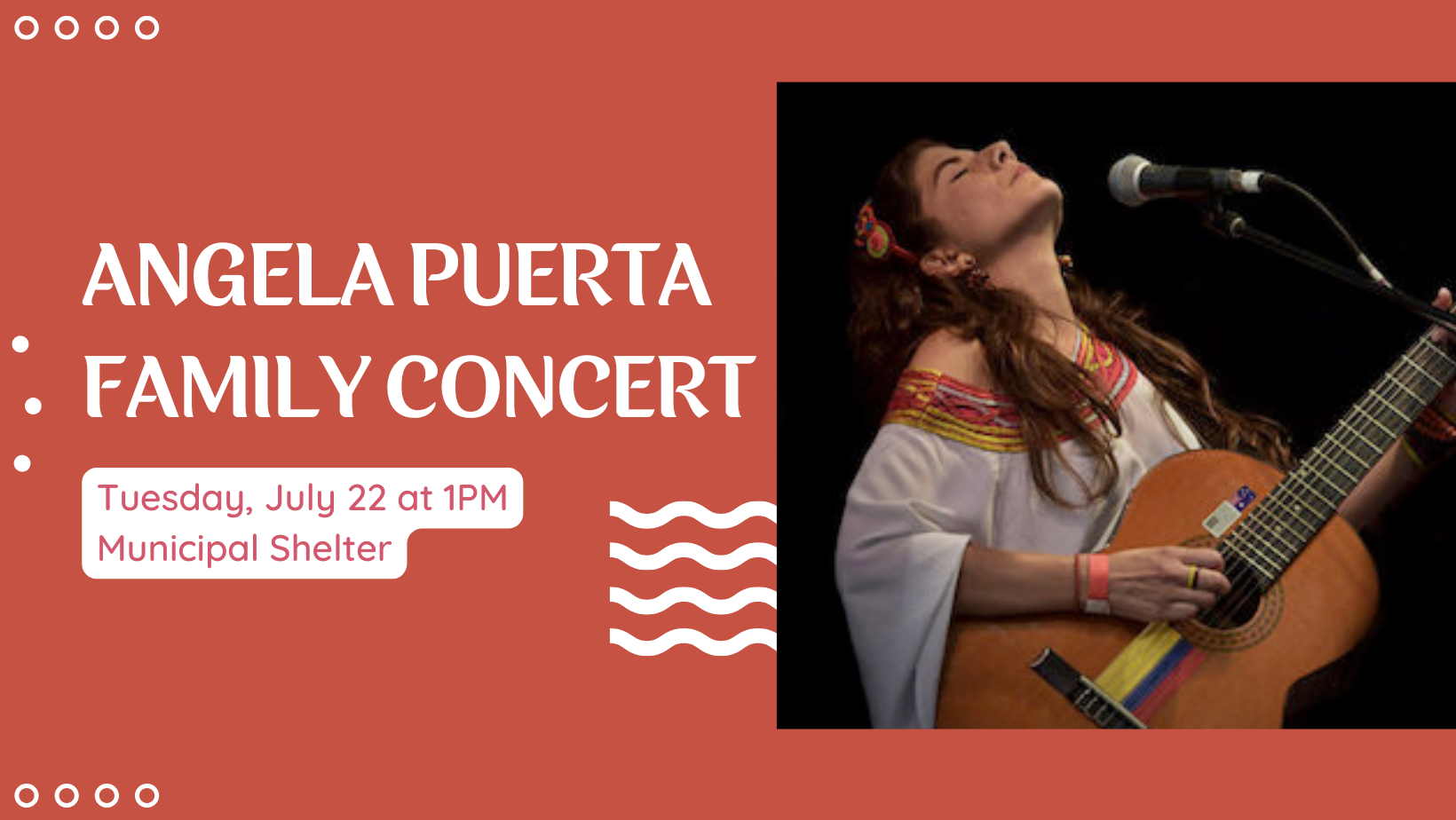 Angela Puerta Family Concert on red background, including a photo of Angela playing the guitar