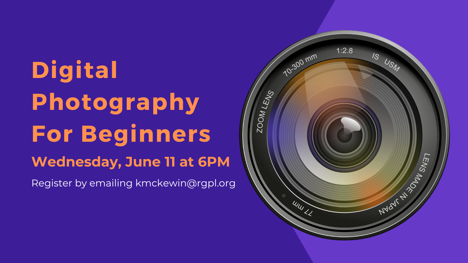 Digital Photography for Beginners on a purple background with a camera lense