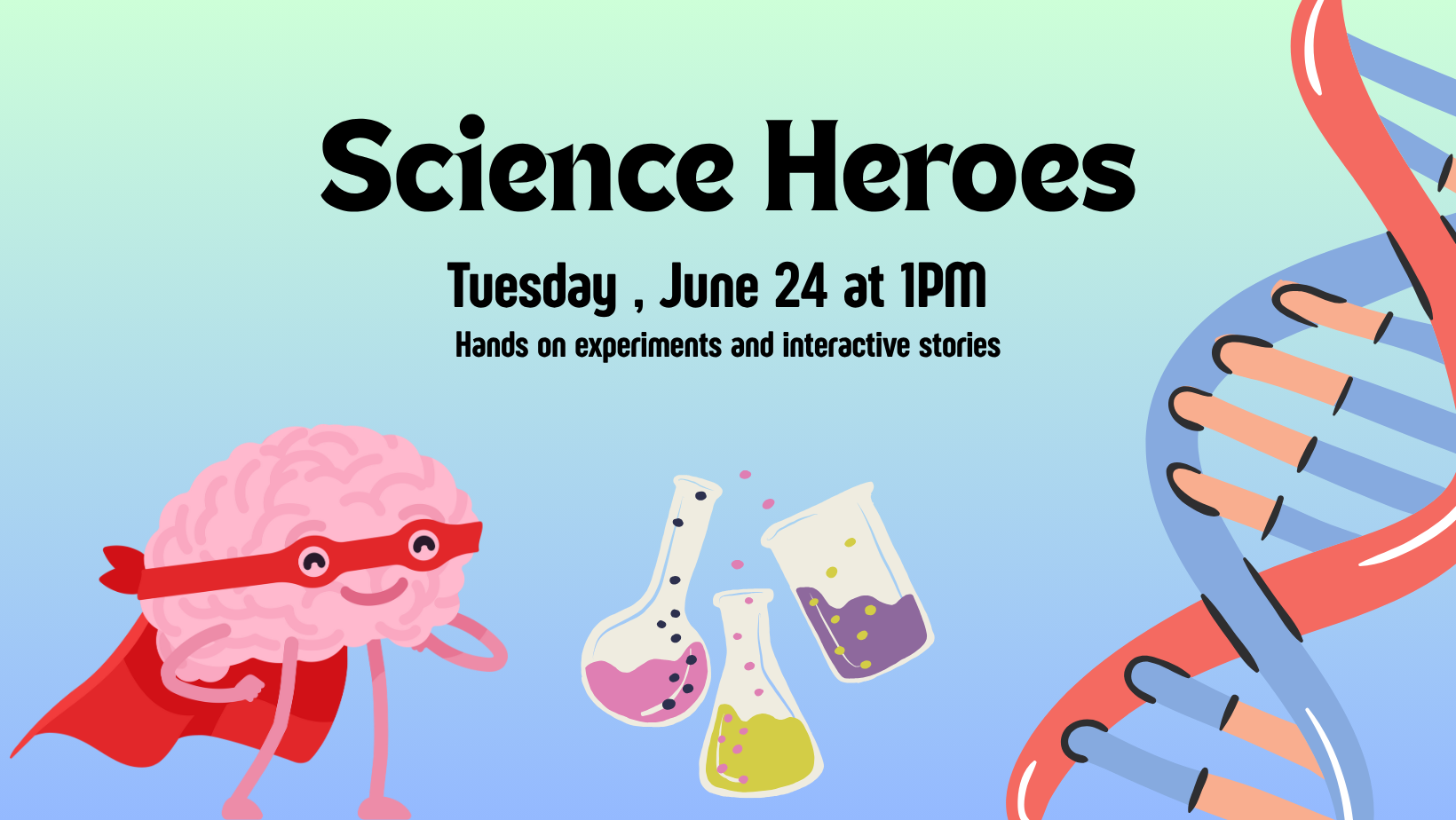 Science Heroes website banner. Features blue background with superhero brain, test tubes, and DNA strand