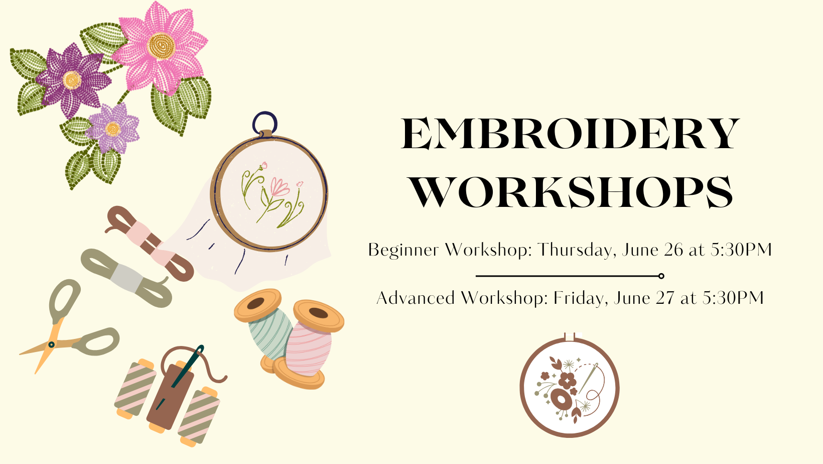 Embroidery Workshops on yellow background featuring embroidery materials on the lefthand side