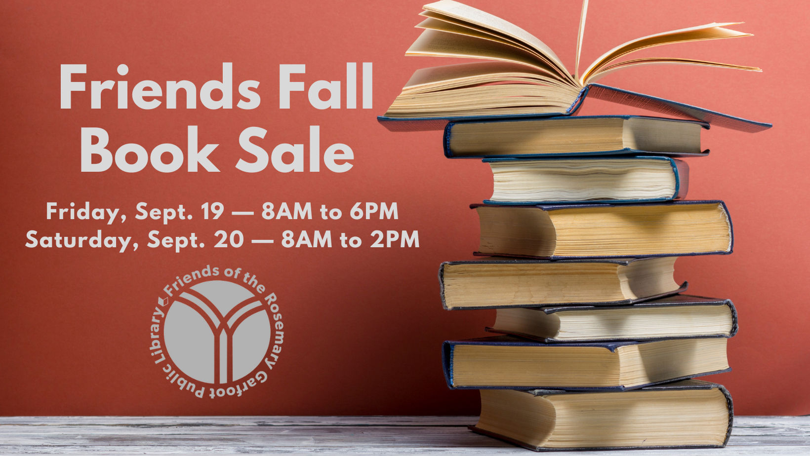 Friends Fall Book Sale on red background with a stack of books next to it