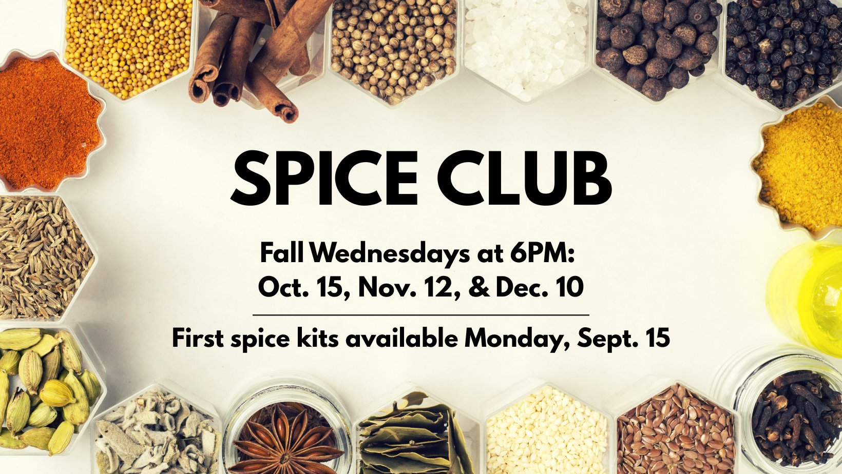 Spice Club fall banner featuring collection of spices in different containers around the border