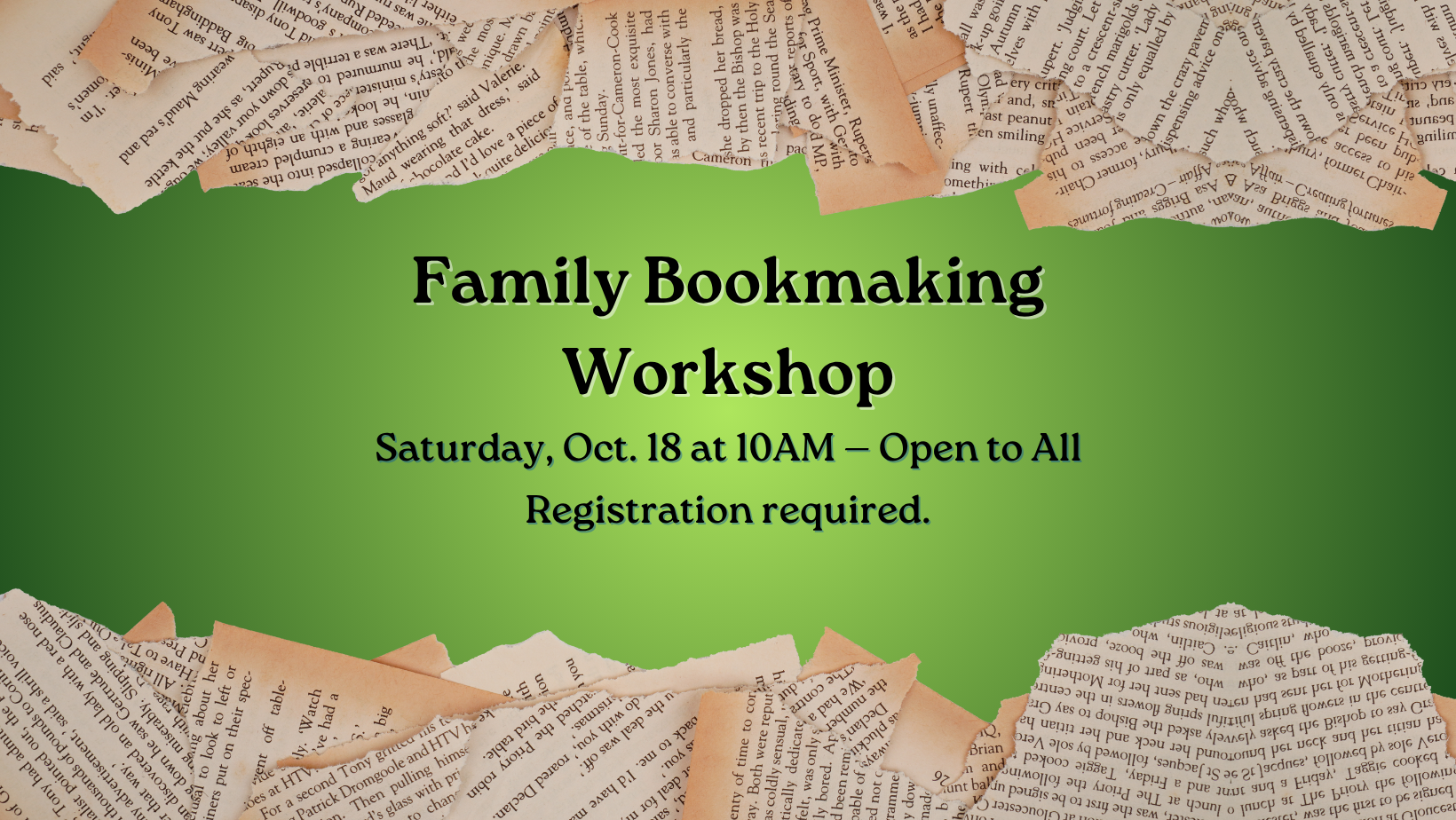 Family Book Making Workshop: Open to All edition on green background