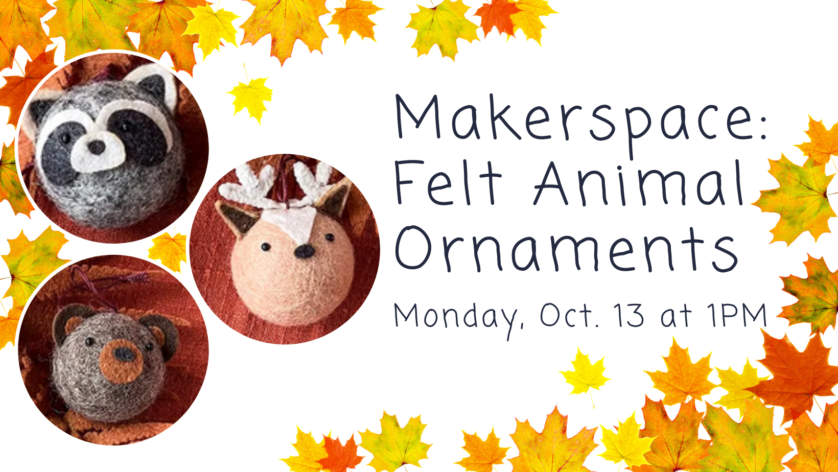 Felt animal ornaments featuring photos of sample ornaments on a fall leaf background