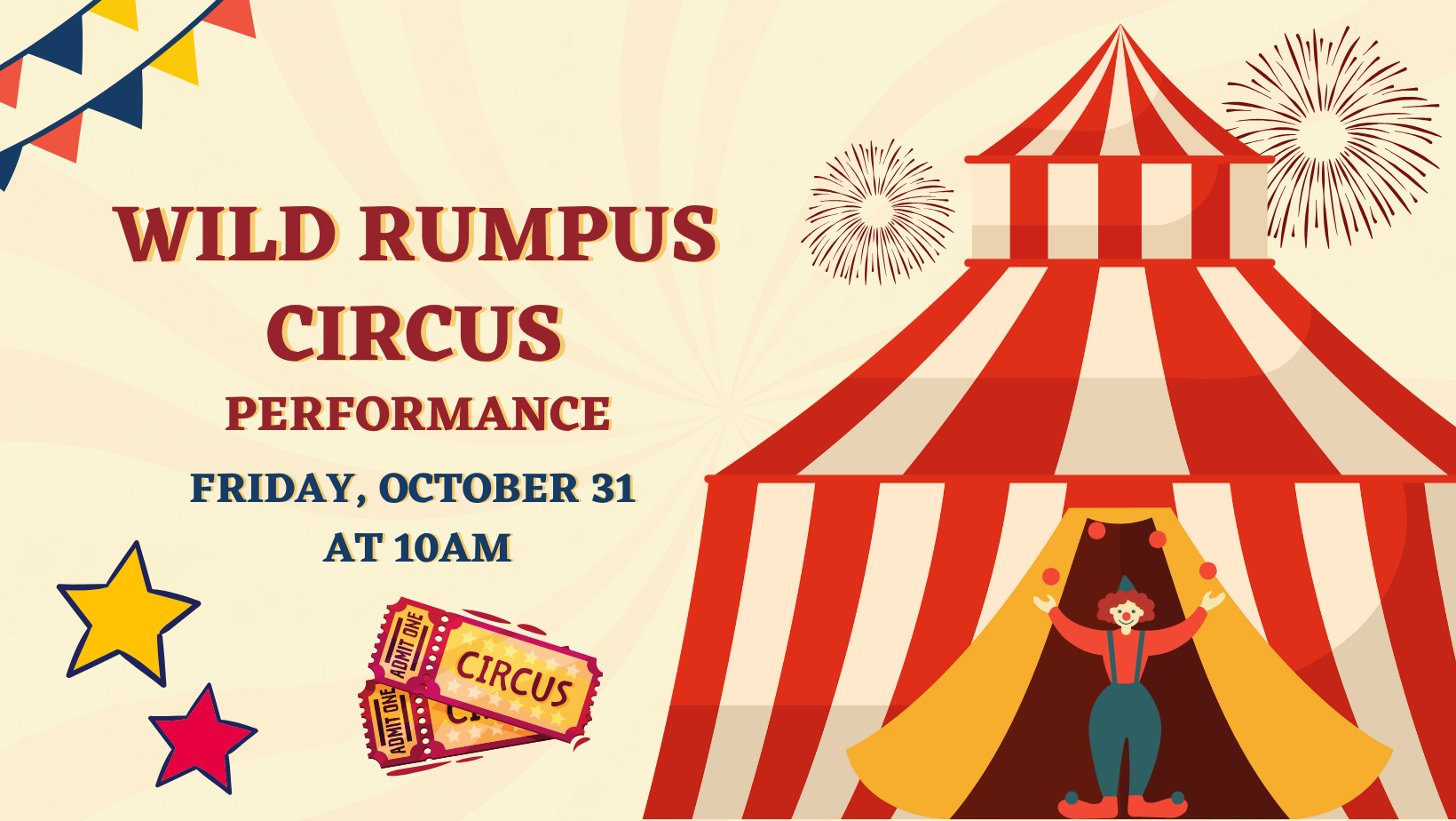 Wild Rumpus Circus Performance featuring a cartoon circus tent and clown on the graphic