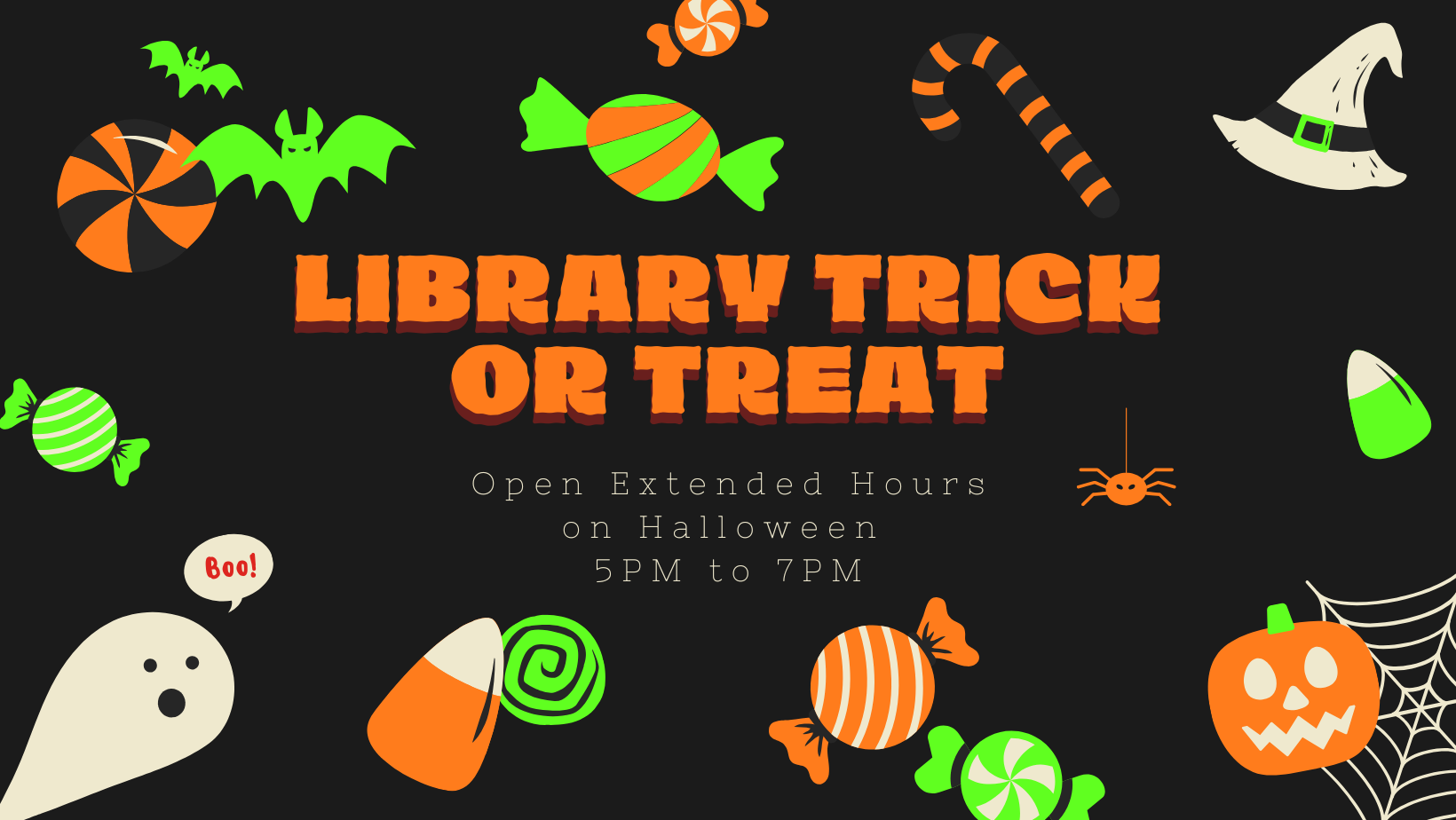 Library Trick or Treat on black background with candy and ghosts 