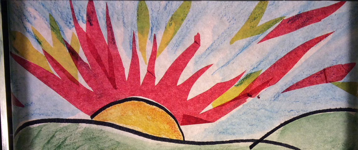 Colorful paper sunset artwork from crankie scroll story.