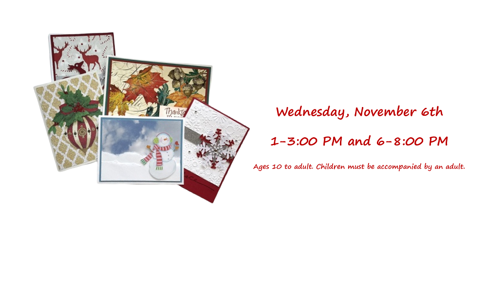 A set of six Thanksgiving and Christmas cards with program date and times.