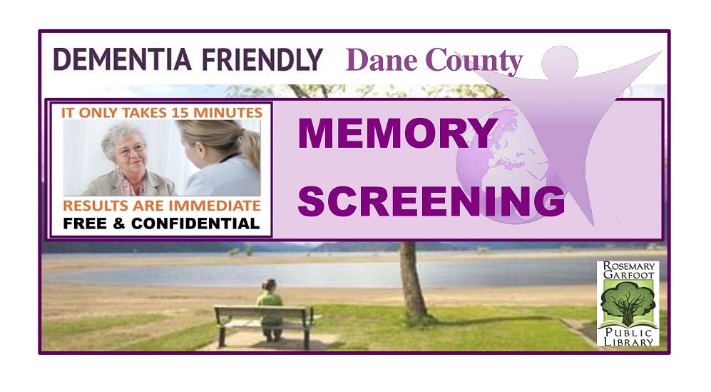 Two women talking  - Banner reading Dementia Friendly Dane County Memory Screening.