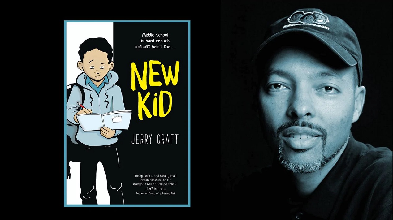 Cover of graphic novel, New Kid, and headshot of author/artist Jerry Craft