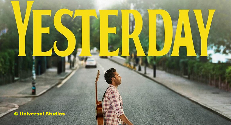 Film title, Yesterday, and man carrying a guitar walking across Abbey Road.