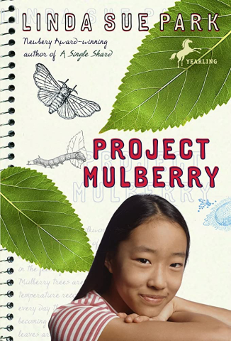 Project Mulberry Book cover for Project Mulberry with girl, mulberry leaves silk worm and moth.
