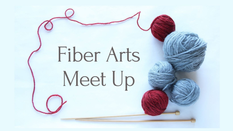 Fiber arts meet up banner featuring blue and red yarn balls
