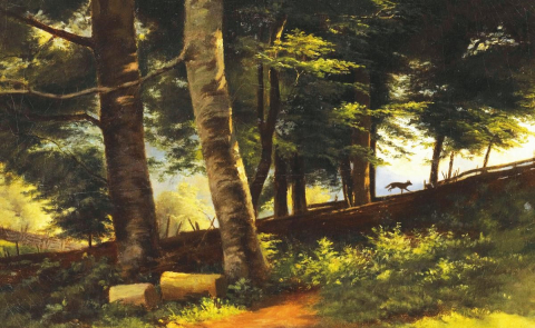 Painting of a scene in woods