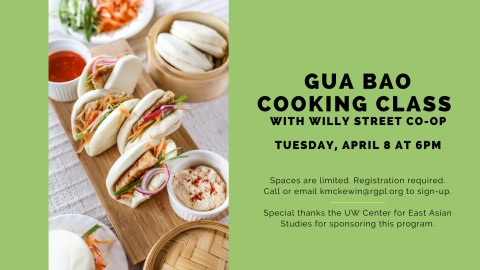 Gua Bao cooking class banner featuring photo of gua bao pork buns on a green background
