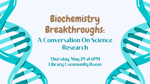 Biochemistry Breakthrough banner featuring blue strands of DNA