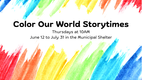 Color Our World Storytimes banner featuring rainbow crayon art