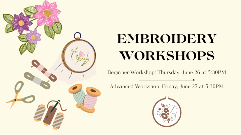 Embroidery Workshops on yellow background featuring embroidery materials on the lefthand side