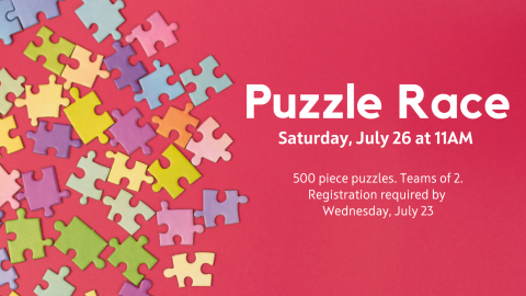 Puzzle Race on July 26. Photo features a pink background with a rainbow assortment of puzzle pieces.