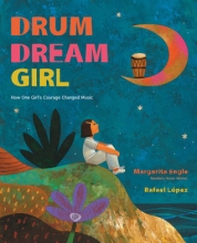 Drum Dream Girl cover, shows girl looking up at night sky, moon with a drum