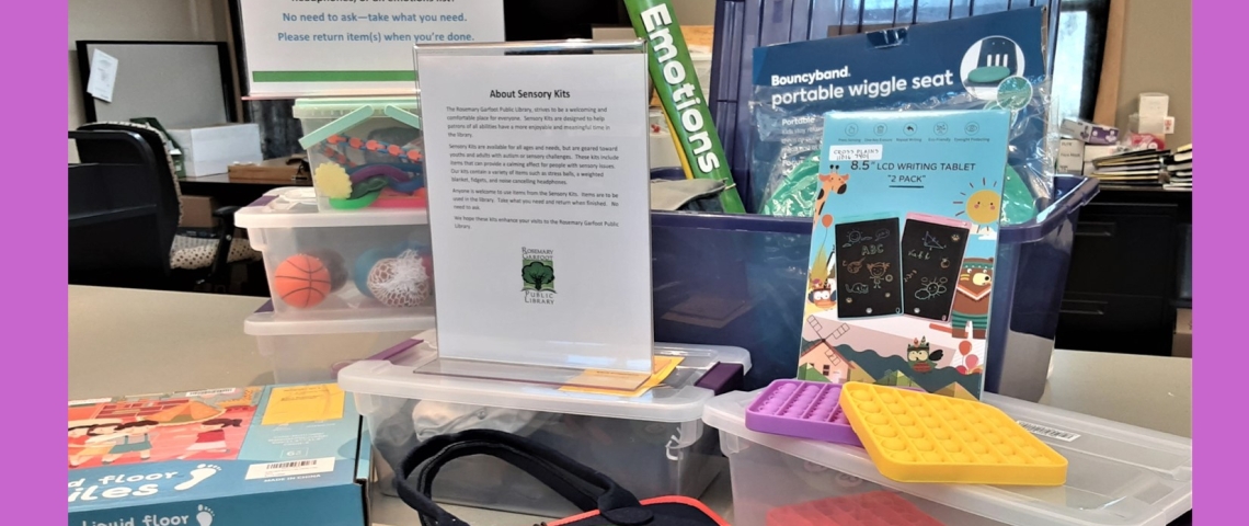 Photo of some Sensory Kit contents.  Includes fidgets, bubble pops, floor tiles and more.  