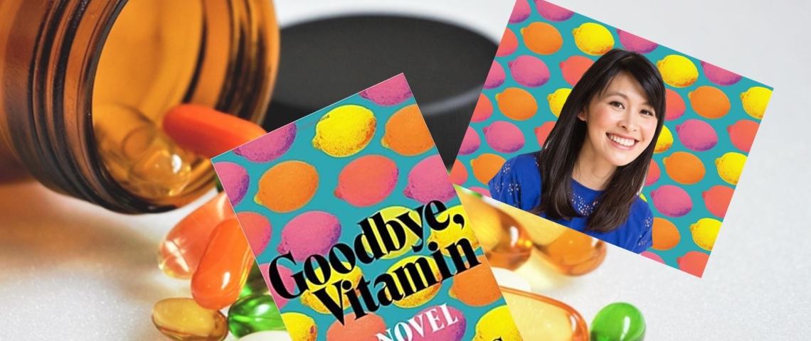 Image of an open bottle of vitamins on its side.  Vitamins spilling out of the bottle.  Image of the book and author.