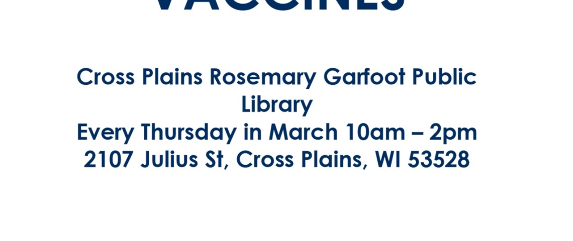 Flier announcing free COVID vaccines at the library.  White background with blue and mint greet words with illustrated images of test kits at the top of the flier.