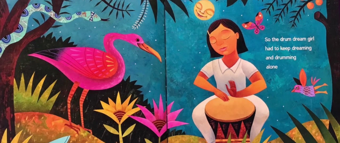 double page spread from book, Drum Dream Girl, girl playing drums and a flamingo