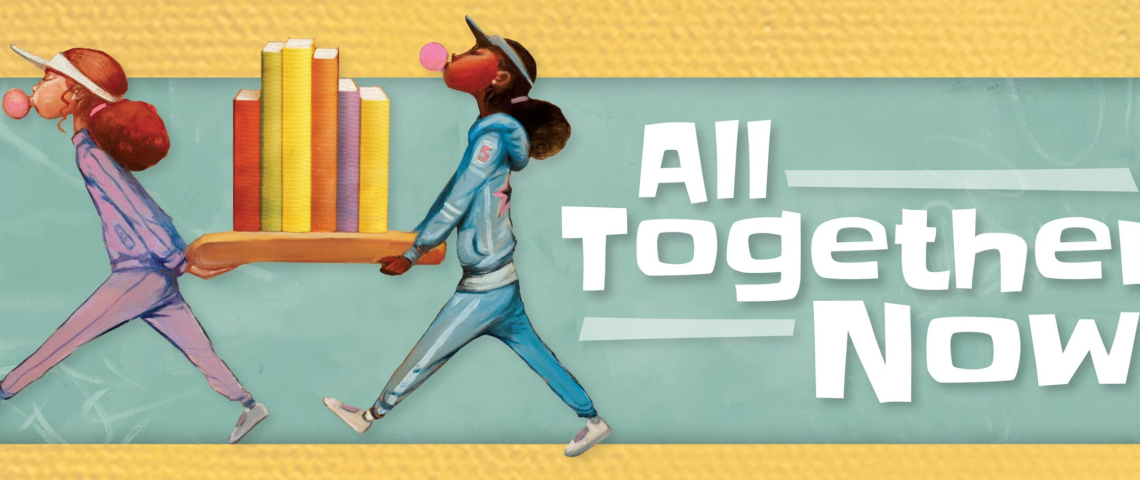 Two Girls carrying a book shelf with books, blowing bubble gum bubbles