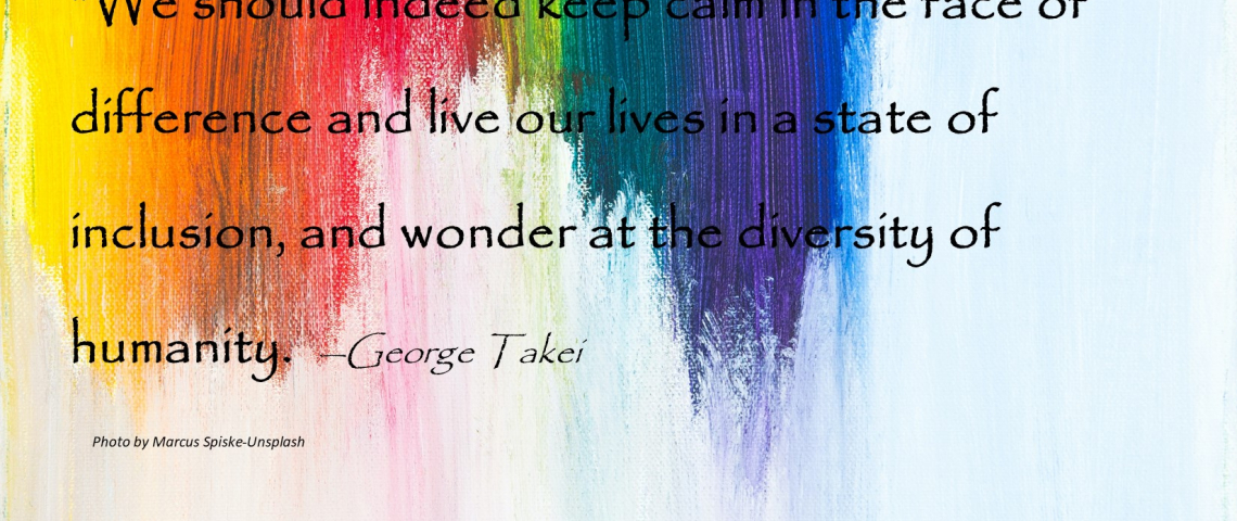 Background of rainbow paints dripping down the page with a George Takei quote on the page