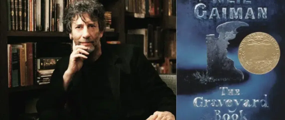 Author Neil Gaiman and book cover for the Graveyard Book