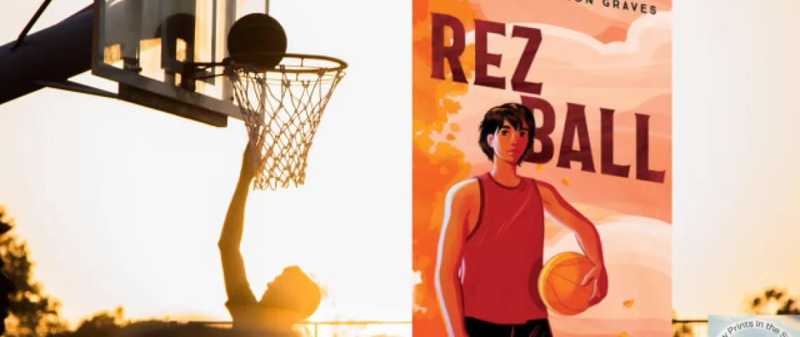 book cover overlaying photo of boy shooting hoops at sunset