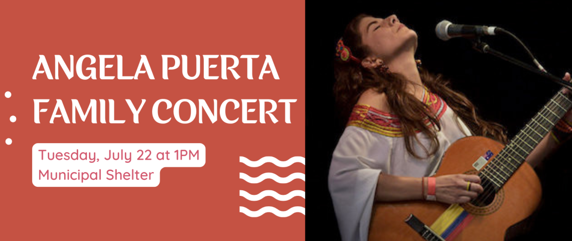 Angela Puerta Family Concert on red background, including a photo of Angela playing the guitar