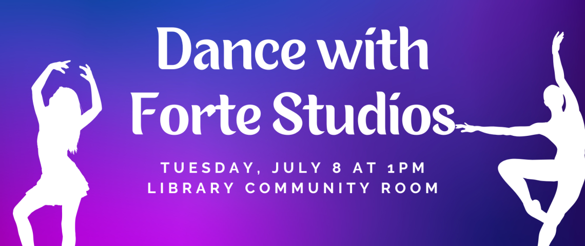 Dance with Forte Studios on purple background featuring silhouettes of dancers in white