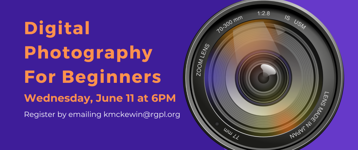 Digital Photography for Beginners on a purple background with a camera lense 